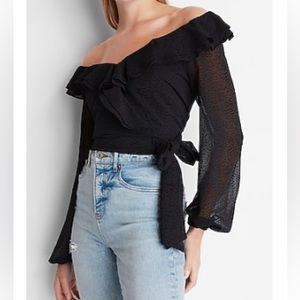 Black Dot Off The Shoulder Ruffle Wrap Top